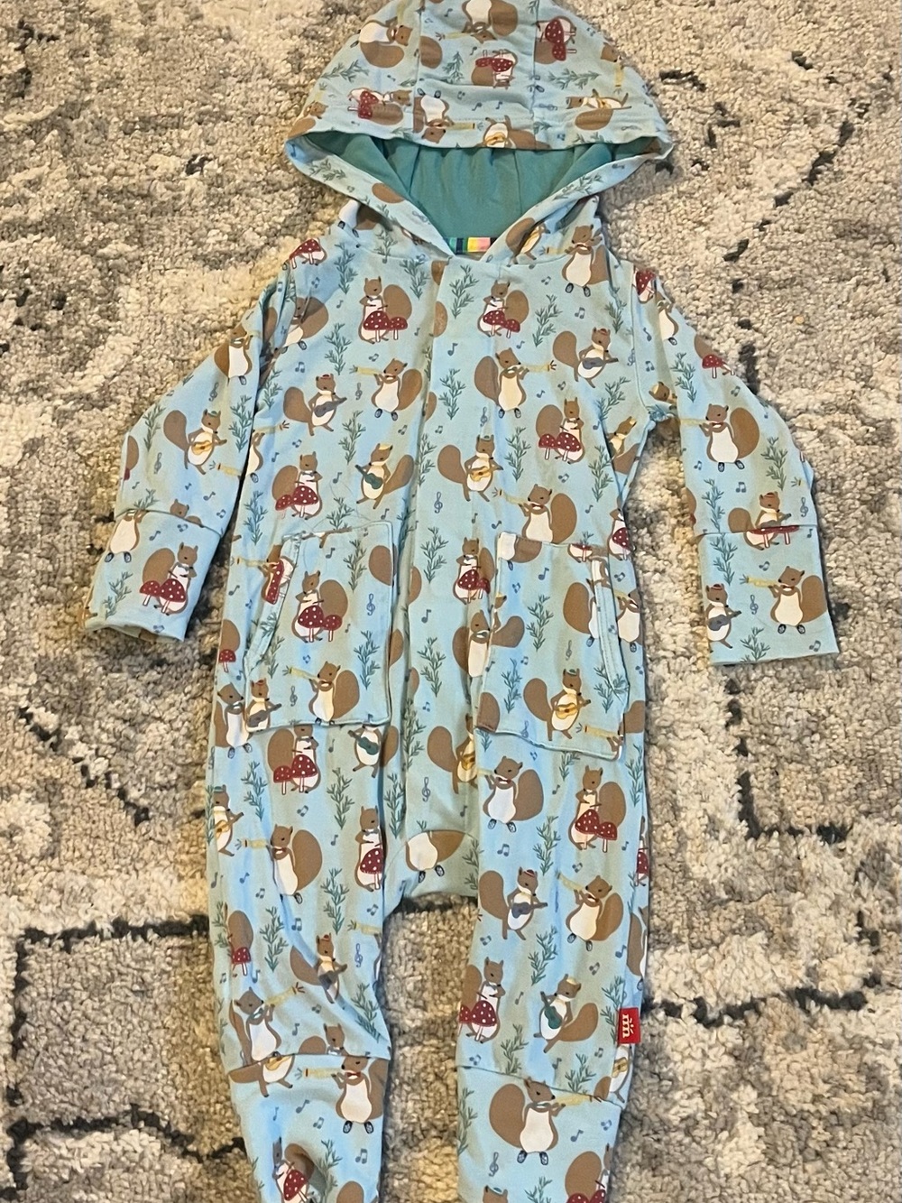 Magnetic Me 0-3 hooded coverall Band Together print